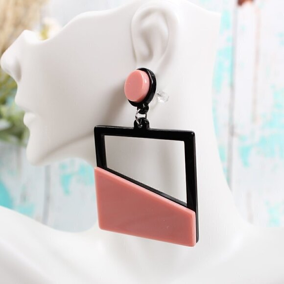 Modern Geometric Dangle Earrings - Pink & Black Statement - Picture 2 of 4